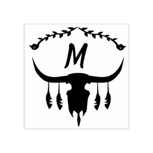 Carimbo De Borracha Caveira-Touro com Penas Negras Silhout