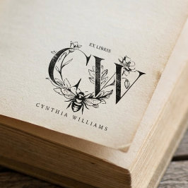 Carimbo De Borracha Chic Elegante Ex Libris Botânico Abelha