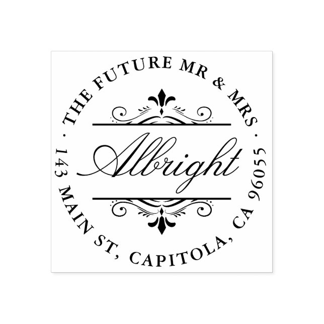 Carimbo De Borracha Chic Round Elegant Script Art Deco Endereço de Ret (Impressão)