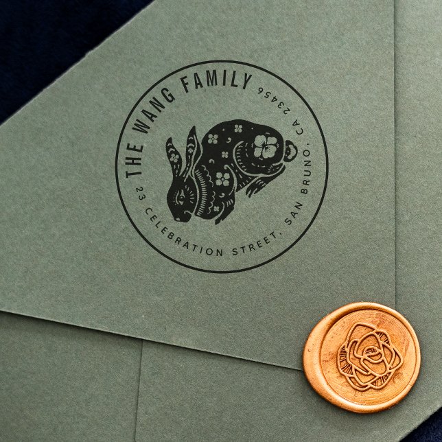 Carimbo De Borracha Coelho-bodique chinês | Nome da família Endereço d (Stamp Mock-up)