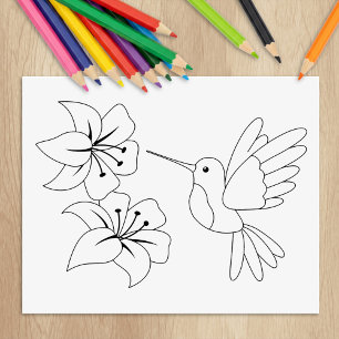 Carimbo De Borracha Colibri e flores que colorem a página