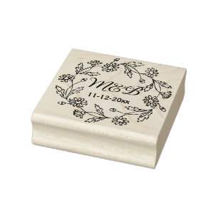 Carimbo De Borracha Coroa Floral Rústica com Monogramas de Casamento