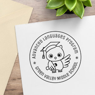 Carimbo De Borracha Coruja Bonita em Texto redondo de Chapéu Graduado