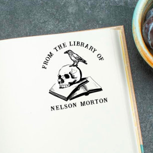 Carimbo De Borracha Corvo   Crânio Gótico Da Biblioteca De