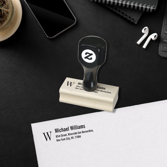 Carimbo De Borracha Criar Monograma Personalizado Nome Moderno Endereç (Create Custom Monogram Modern Name Return Address Rubber Stamp)