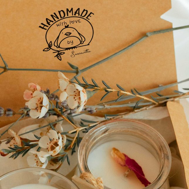 Carimbo De Borracha Cute Bird Handmade with Love by (nome personalizad (Criador carregado)