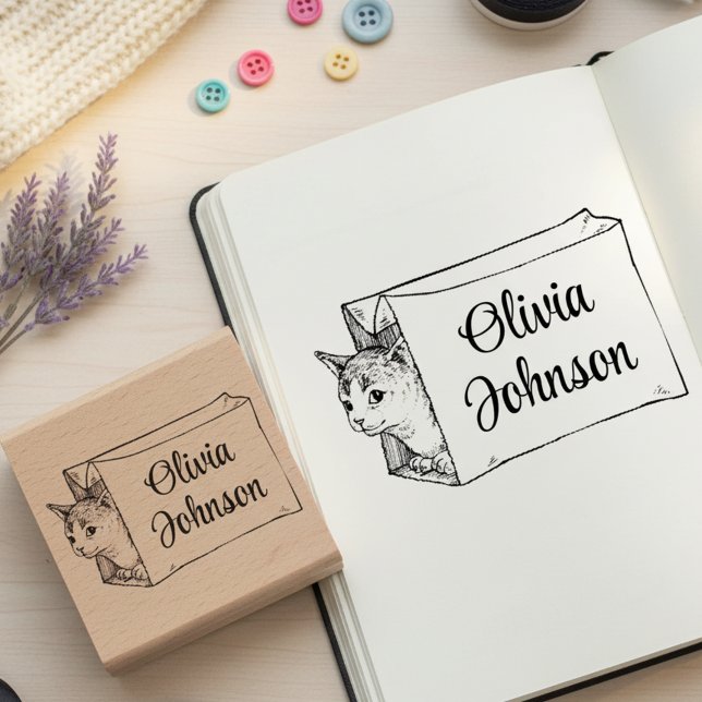 Carimbo De Borracha Cute Cat in a Bag Signature Name Wooden Stamp (Cat in a bag signature wooden stamp.)
