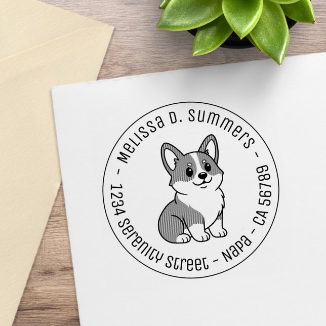 Carimbo De Borracha Cute Corgi Dog Round Address (Criador carregado)