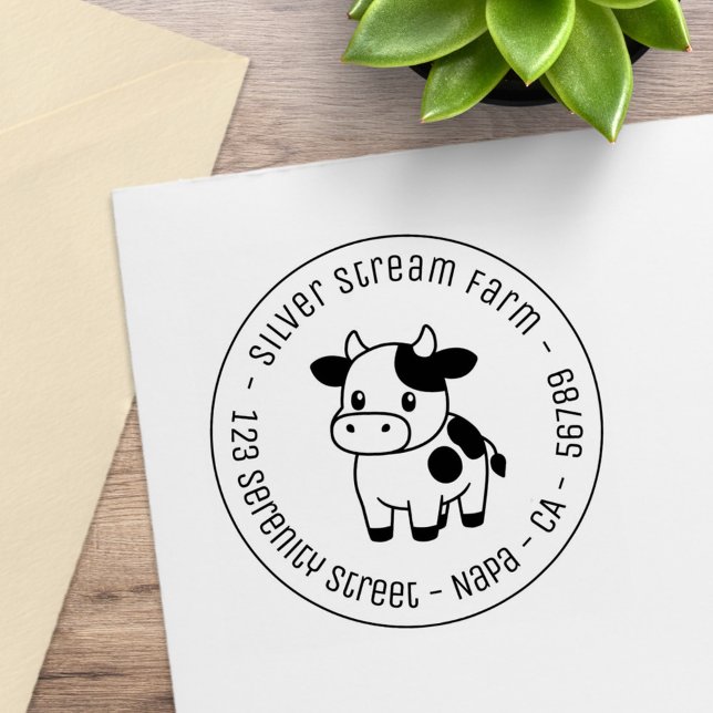 Carimbo De Borracha Cute Cow Round Business Address (Criador carregado)