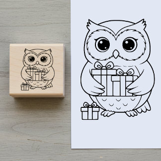 Carimbo De Borracha Cute Owl with Gifts Wooden Art Stamp