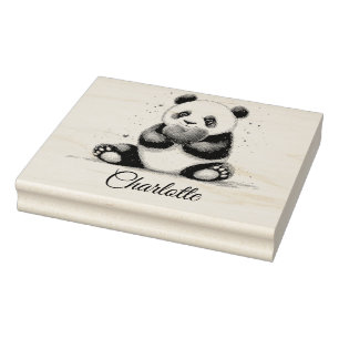 Carimbo De Borracha Cute Panda Segurando Coração com Nome Personalizáv
