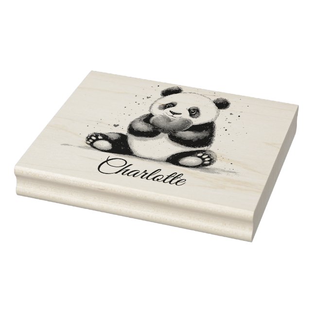 Carimbo De Borracha Cute Panda Segurando Coração com Nome Personalizáv (Carimbo)