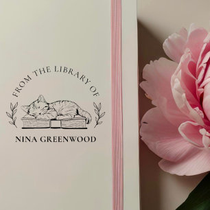 Carimbo De Borracha Da Biblioteca de Cat on Book & Elegant Leaves