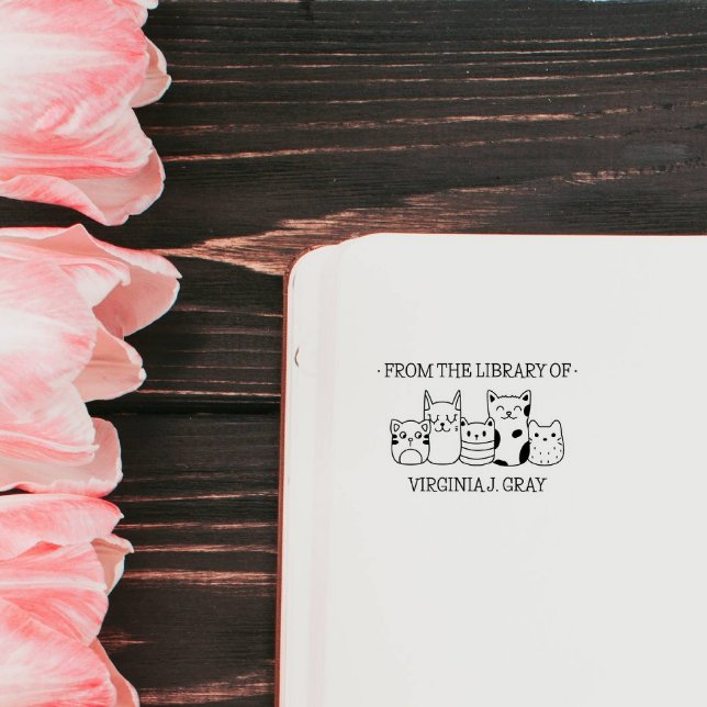 CARIMBO DE BORRACHA DA BIBLIOTECA DO SEU NOME DESENHO GATINHOS FOFOS (Cute cats puppy kitten from the library of EX LIBRIS)