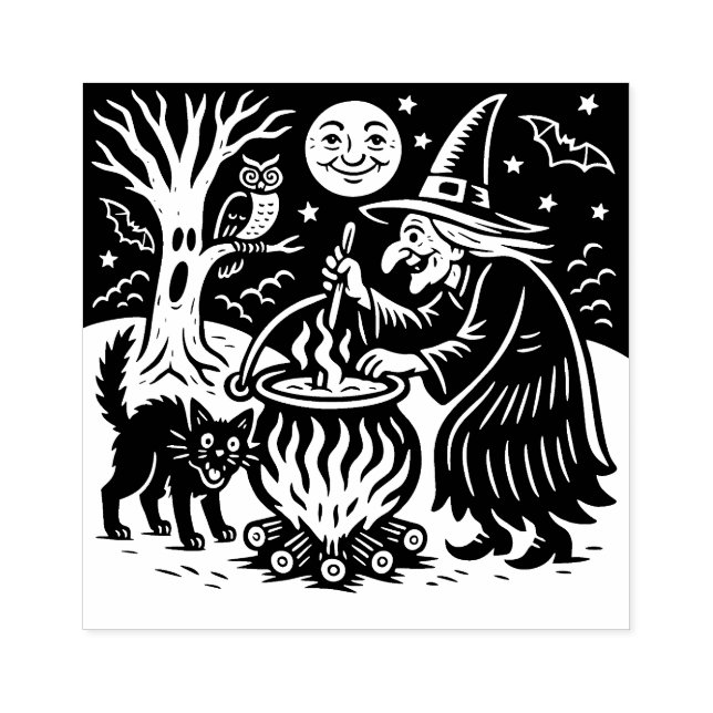 Carimbo de Borracha de Bruxa e Gato de Halloween V (Impressão)