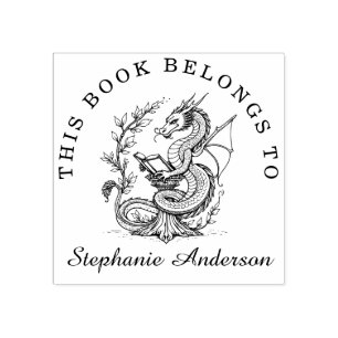 Carimbo De Borracha Dragão Lendo um Cartaz da Biblioteca de Livros