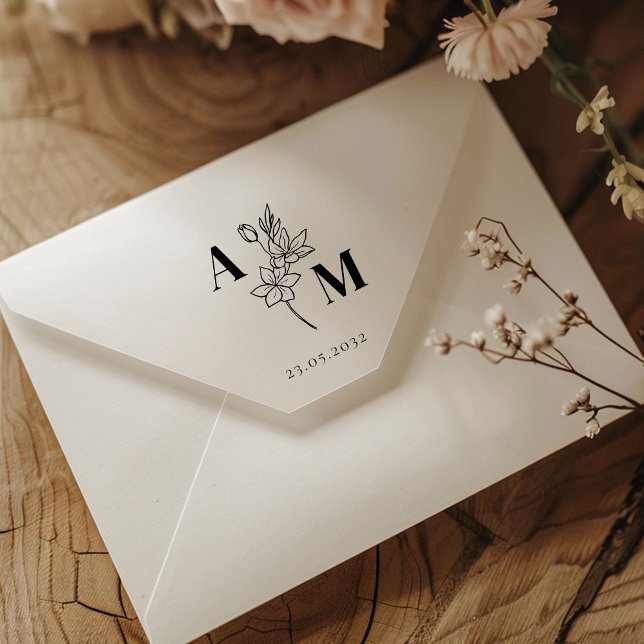 Carimbo De Borracha Elegante, Monograma, Flor de Arte de Linha, Casame (Elegant, Monogram, Line Art Flower, Wedding Rubber Stamp)