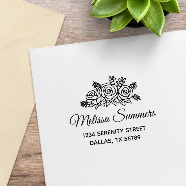 Carimbo De Borracha Elegante Rosa Flowers Endereço 2 do Buquê (Criador carregado)