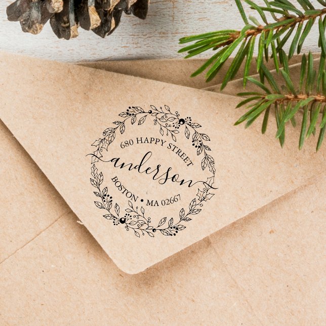 Carimbo De Borracha Elegante Winter Wreath (Elegant Winter Wreath Address Rubber Stamp)