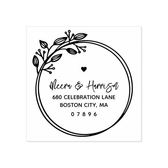 Carimbo De Borracha Endereço Circular de Casamento Floral (Impressão)