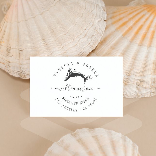 Carimbo De Borracha Endereço de devolução do Casal da Baleia Marinha E (Elegant Marine Whale Married Couple Return Address Rubber Stamp)