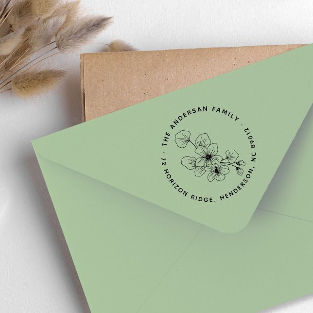 Carimbo De Borracha Endereço de devolução do nome da família Elegante  (Elegant Floral Leaves Family Name Return Address Rubber Stamp)