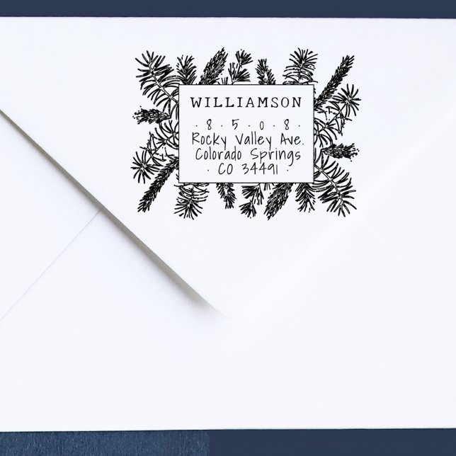 Carimbo De Borracha Endereço de devolução do pinheiro de escrita manua (Rustic Pine Branches Handwritten Return Address Holiday Stamp)