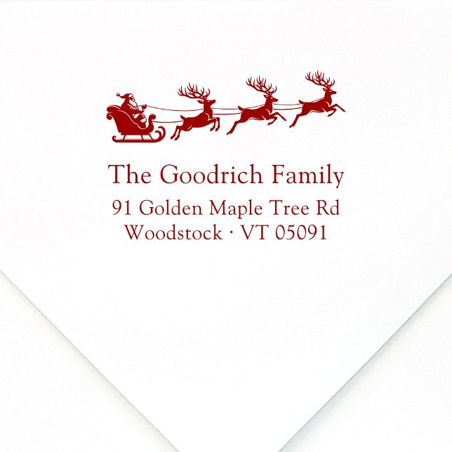 Carimbo De Borracha Endereço de devolução dos Papais noeis Elegantes F (Elegant, festive Santa's reindeer sleigh wooden Christmas return address stamp, classic typography.)