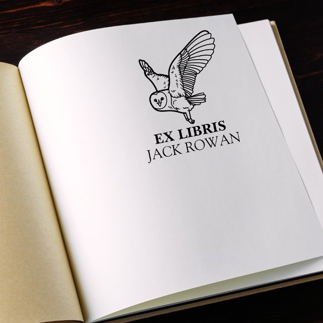 Carimbo De Borracha Ex Libris Coruja Voadora Ex-Libris Nome (ex libris flying barn owl)