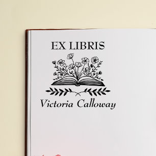 Carimbo De Borracha Ex Libris de Flor Silvestre Botânica Livro Aberto