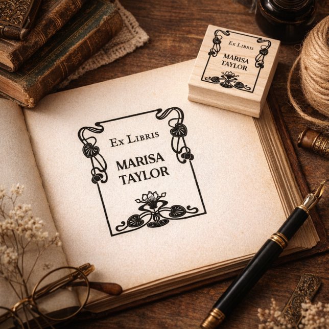 Carimbo De Borracha Ex libris de moldura de lírio art nouveau (Criador carregado)