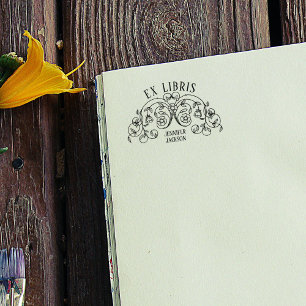Carimbo De Borracha Ex Libris Elegante Etiqueta de Livro Flor Vintage 