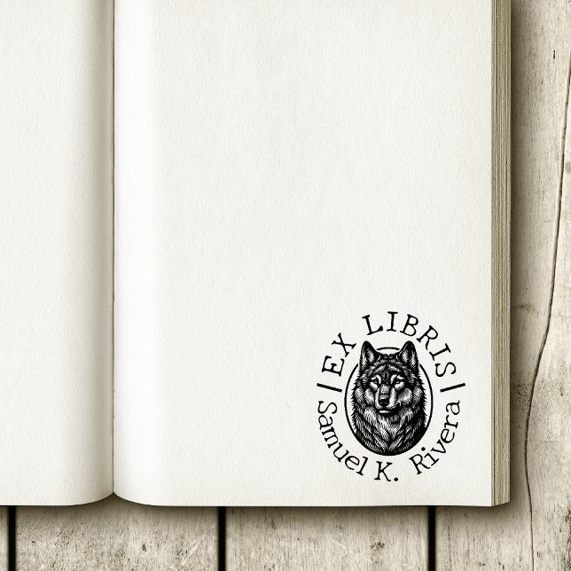 Carimbo De Borracha Ex Libris Face de Lobo Nome Personalizado Livro (Wolf face ex libris book stamp)