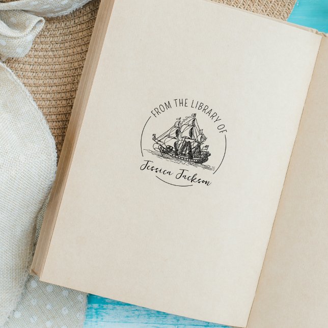Carimbo De Borracha Ex libris moderno de nave náutica Livro  (Criador carregado)