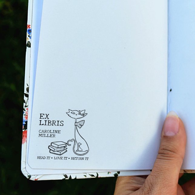 Carimbo De Borracha Ex Libris Personalizada, Gato Bonito com livros (Criador carregado)