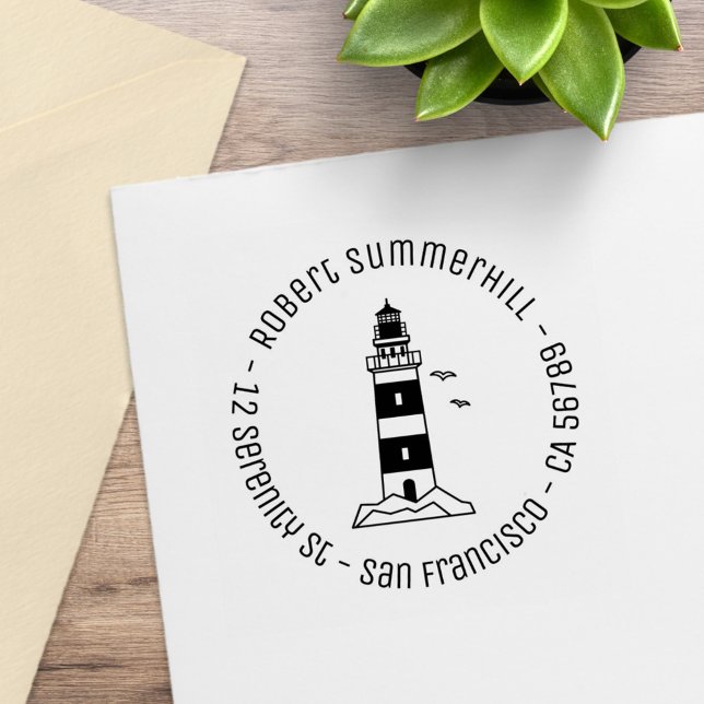 Carimbo De Borracha Farol Marítimo Náutico Endereço Redondo (Criador carregado)