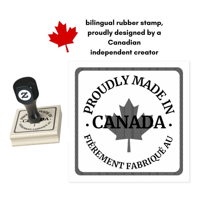 Carimbo De Borracha Feita com orgulho no Canadá - Francês bilíngue (Show your Canadian pride with this Made in Canada bilingual rubber stamp. Elbows up.)