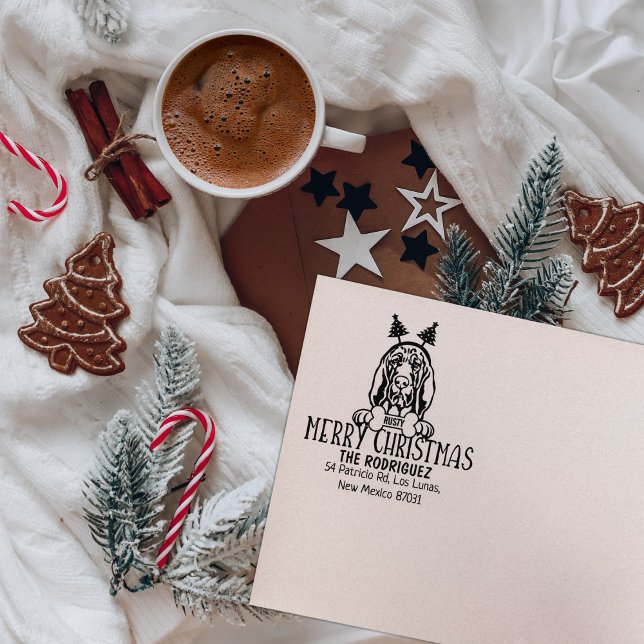 Carimbo De Borracha Feliz Natal Bloodhound Dog Endereço de Devolução (Criador carregado)