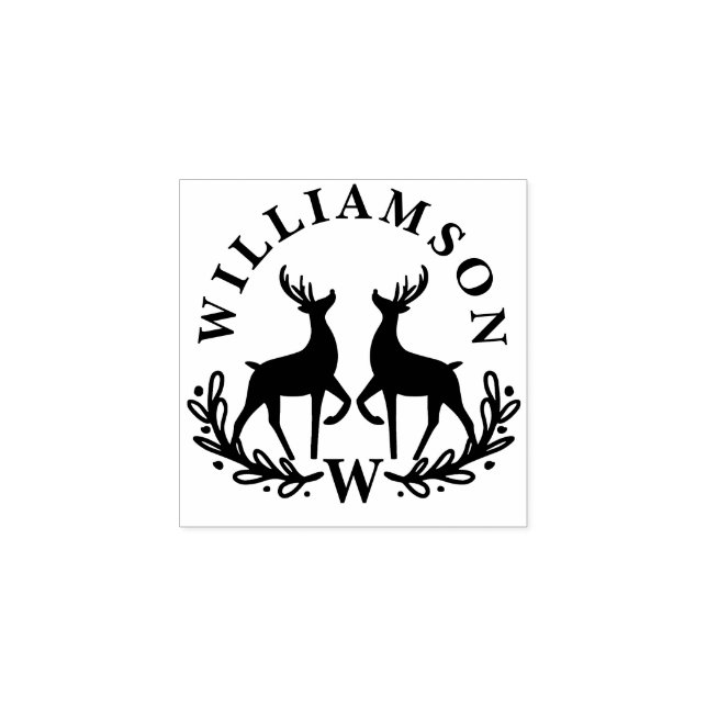 Carimbo De Borracha Festivo Reindeer Laurel Wreath Family Monograma (Impressão)