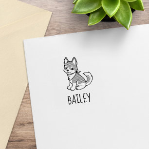 Carimbo De Borracha Filhote de Husky Cinza e Branco Nome Personalizado