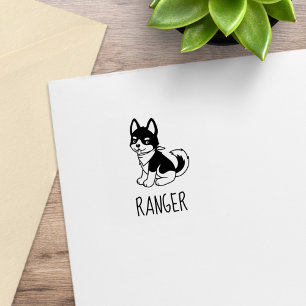 Carimbo De Borracha Filhote de Husky Preto e Branco Nome Personalizado