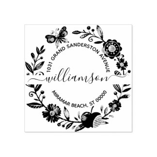 Carimbo De Borracha Floral Butterfly Elegante Wreath Return Endereço