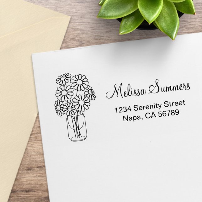 Carimbo De Borracha Floral Daisies Mason Jar Address (Criador carregado)