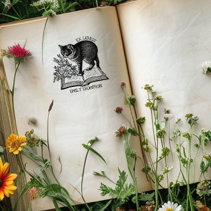 Carimbo De Borracha Floral Ex Libris Bookplate, Vintage Cat Book