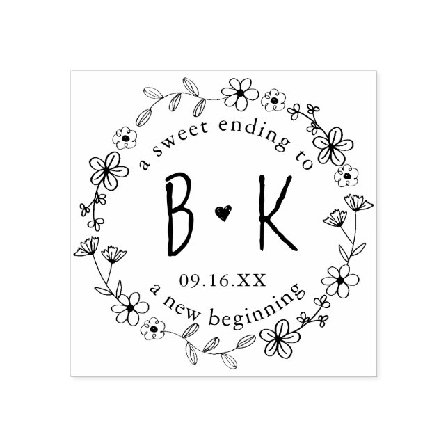 Carimbo De Borracha Floral Traje De Mão Solta Monograma Data Casamento (Impressão)