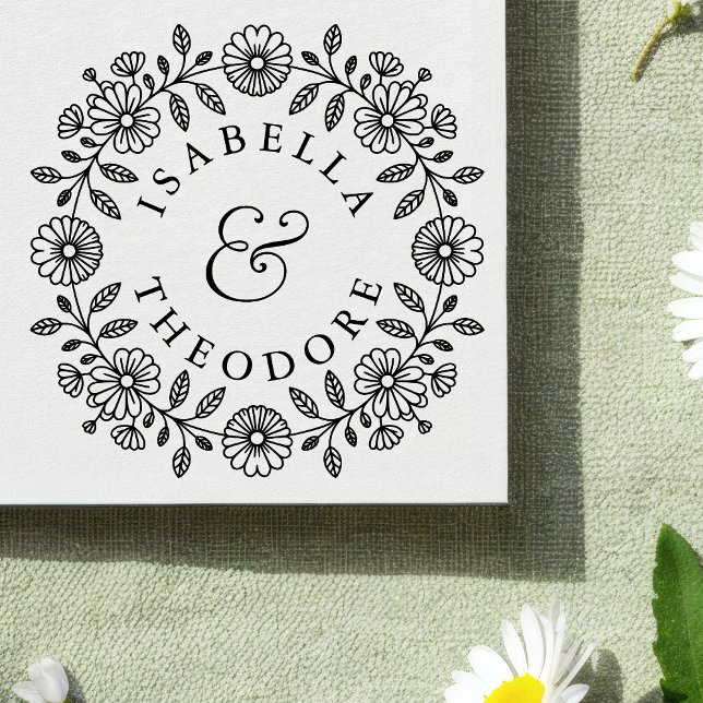 Carimbo De Borracha Floral Wreath Wooden Couple's Name Stamp (Criador carregado)