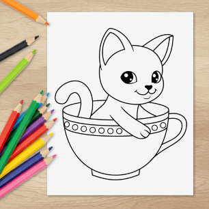Carimbo De Borracha Gatinho numa Xícara - Página para Colorir Gato num