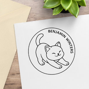Carimbo De Borracha Gato Branco Esticando Texto Personalizado