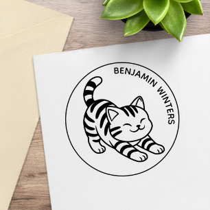 Carimbo De Borracha Gato Listrado Esticado Texto Personalizado