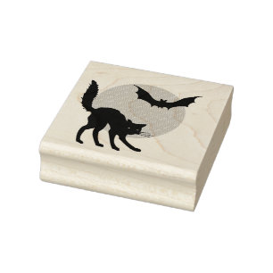 Carimbo De Borracha Gato Negro, Lua e Bat
